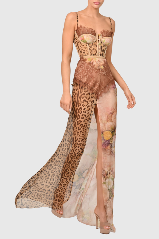 Barba Lace Leopard Print Maxi Dress - Chocolate