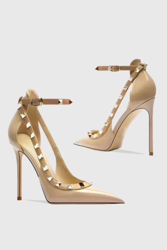 Osanya Rivet Embellished Strap Cutout Pumps - Nude