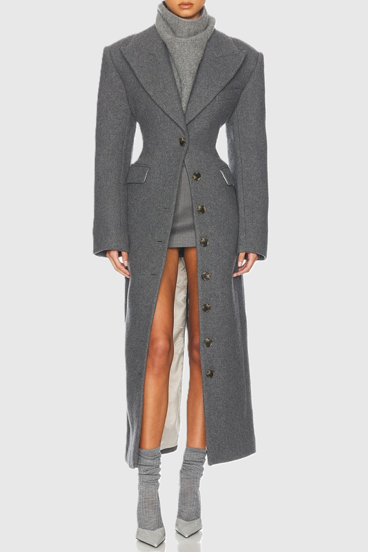 Rikana Lapel Wool Cinched Coat - Grey
