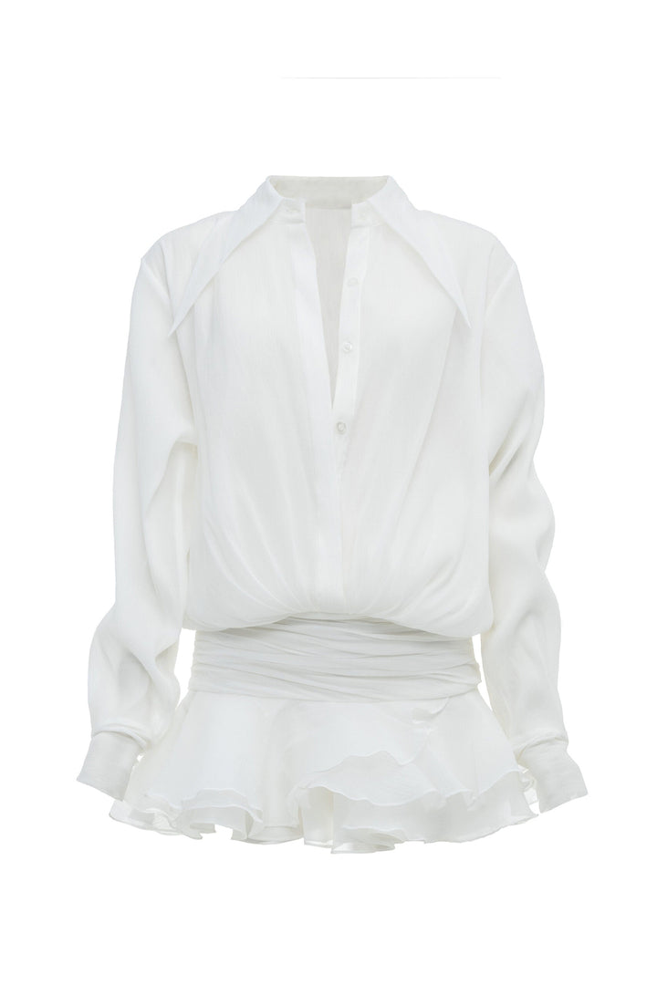 Ember Ruched Ruffle Mini Dress - White