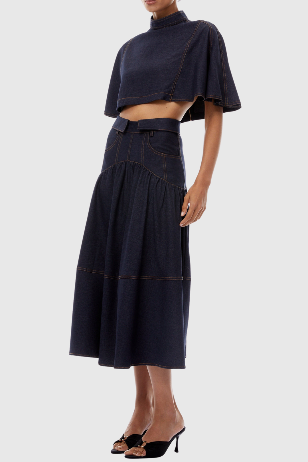 Aeven Denim Cape Top & Midi Skirt Set