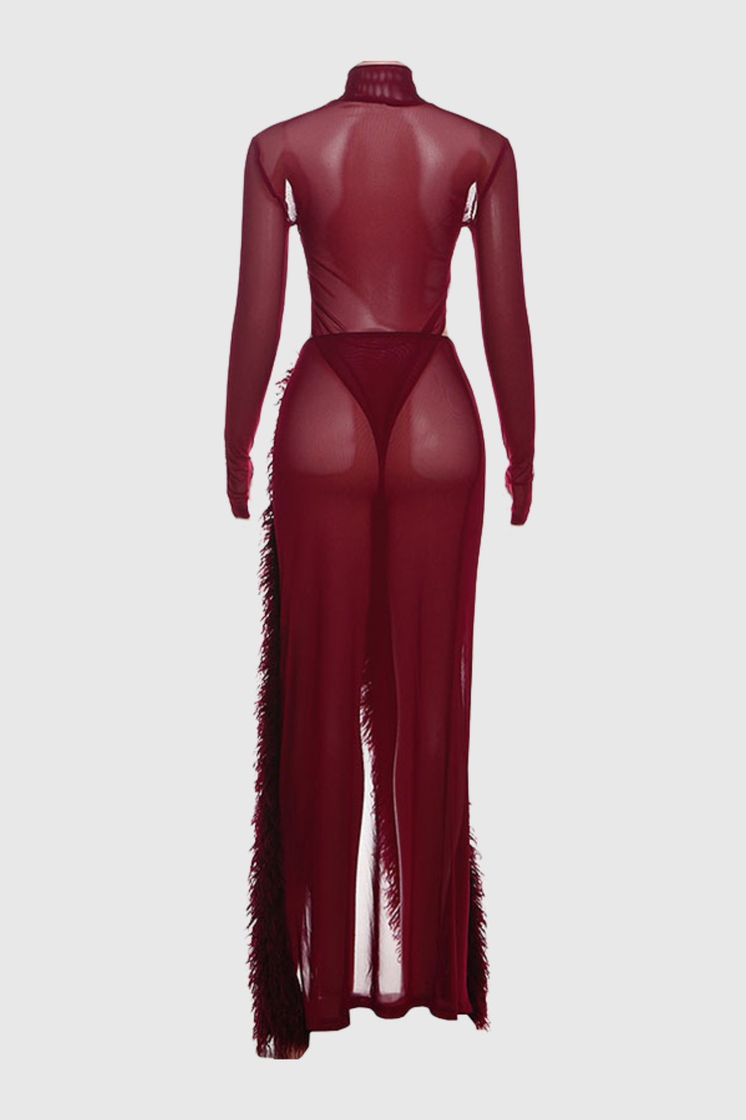 Akilah Mesh Bodysuit & Faux Fur Skirt Set - Wine
