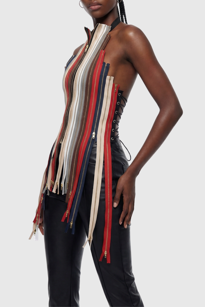Albana Zipper Halter Backless Top