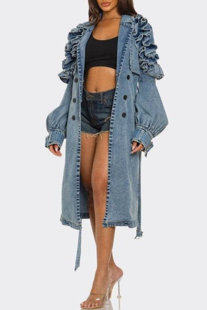 Amaha Ruffle Denim Trench Coat