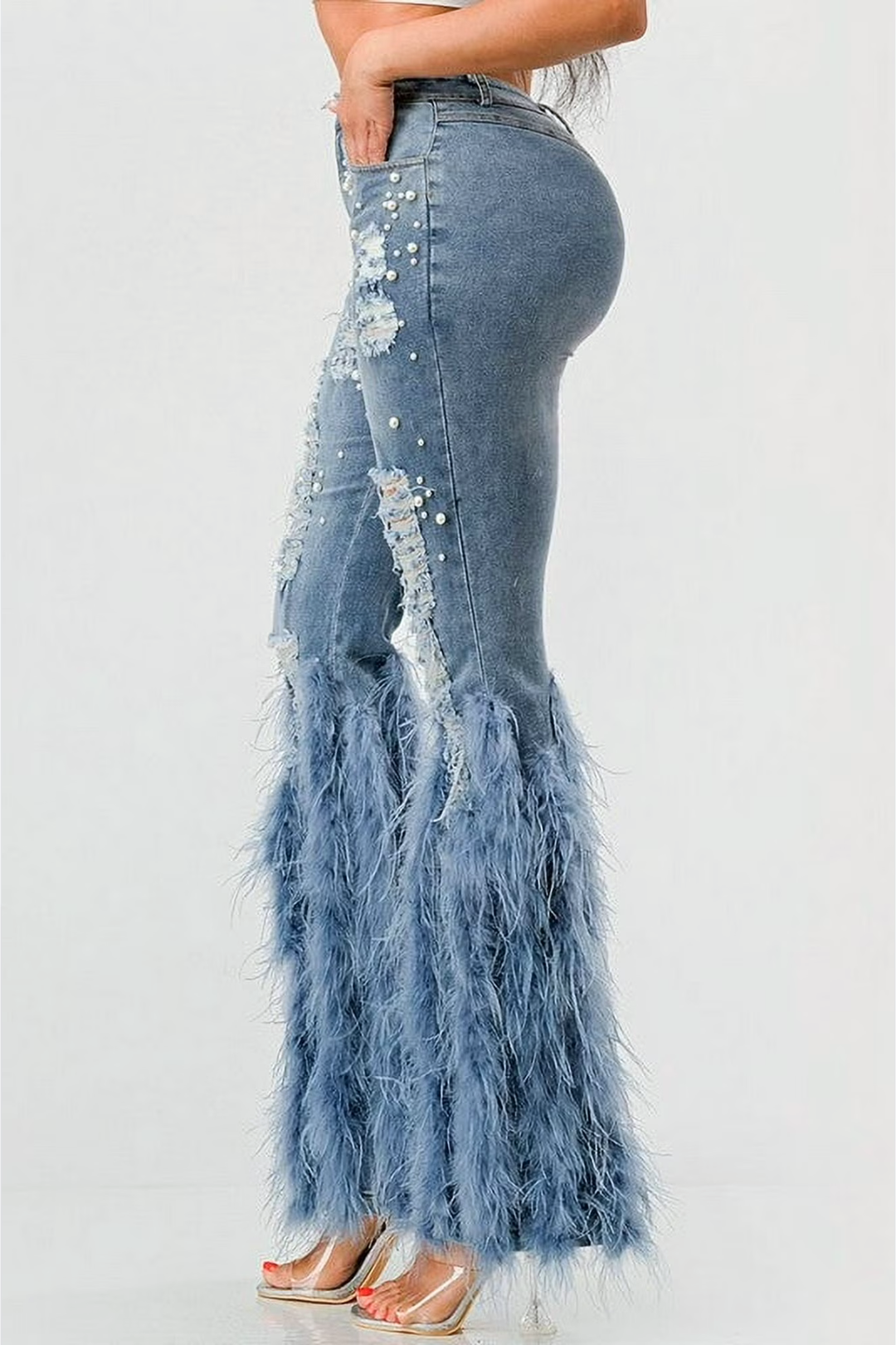 Amberlyn Pearl Embellished Fur Jeans - Blue