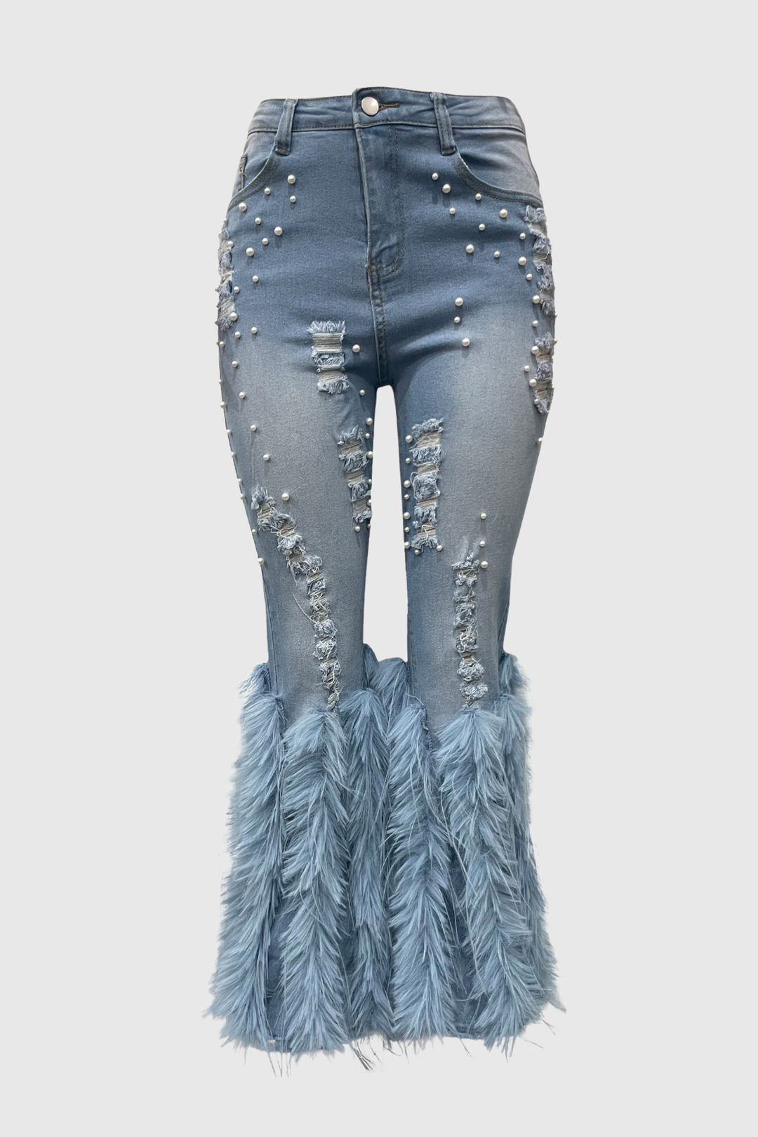 Amberlyn Pearl Embellished Fur Jeans - Blue
