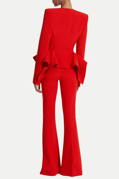 Audith Ruffled Blazer Two Piece Set - Red