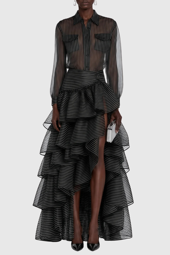 Beccaza Stripe Blouse & Ruffle Maxi Skirt Set