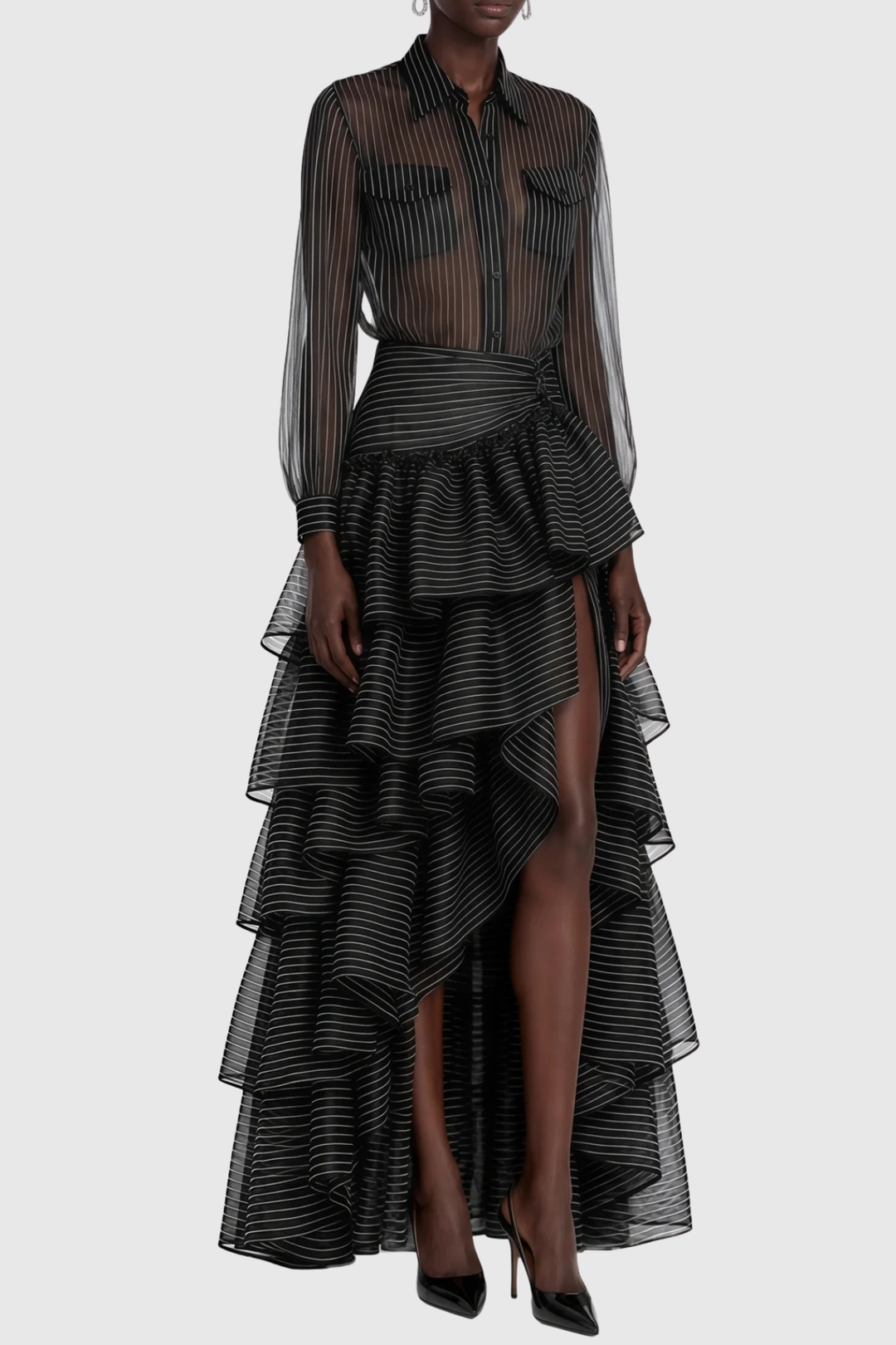 Beccaza Stripe Blouse & Ruffle Maxi Skirt Set