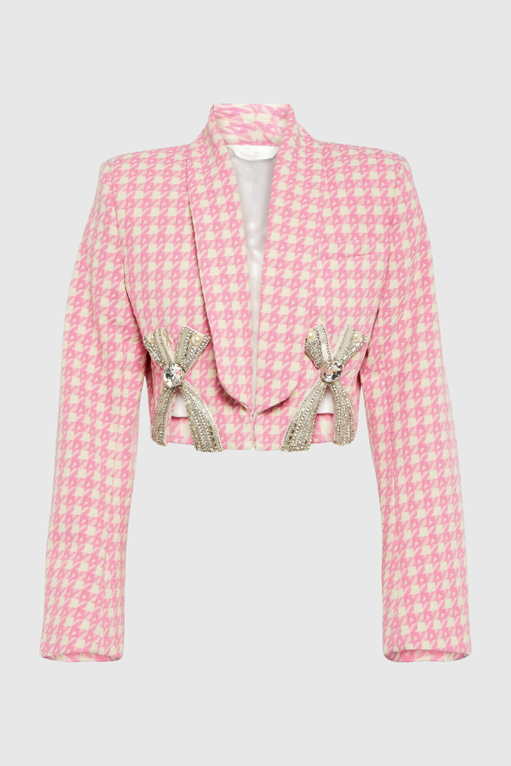 Chieko Houndstooth Bow Embellished Jacket & Mini Skirt Set