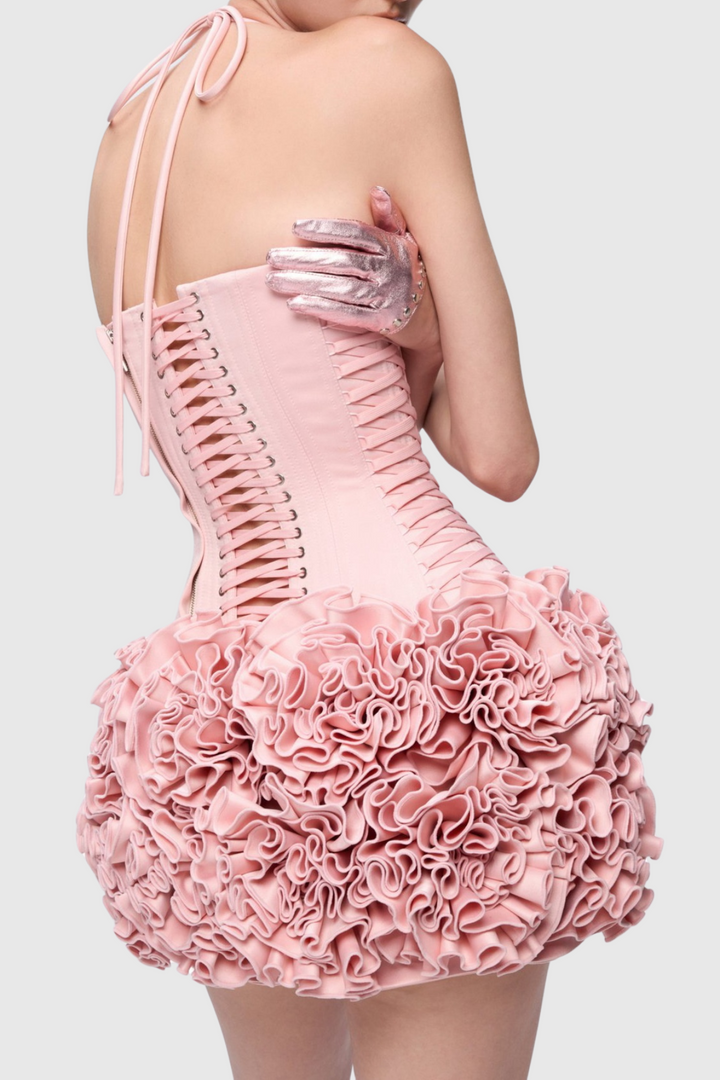 Cindia Floral Lace Up Corset Two Piece Set - Pink