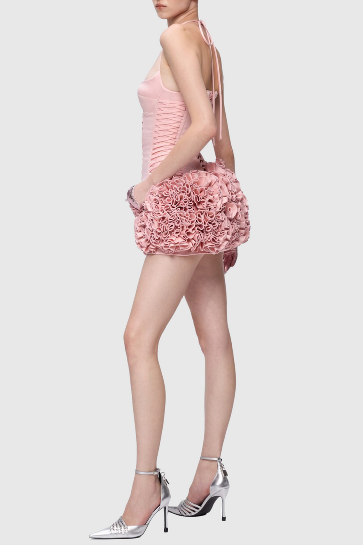 Cindia Floral Lace Up Corset Two Piece Set - Pink