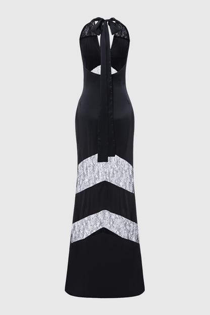Clora Satin Halter Lace Maxi Dress - Black