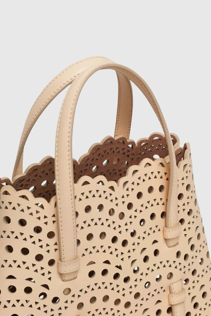Clotila Lace Laser-cut Leather Tote Bag - Beige