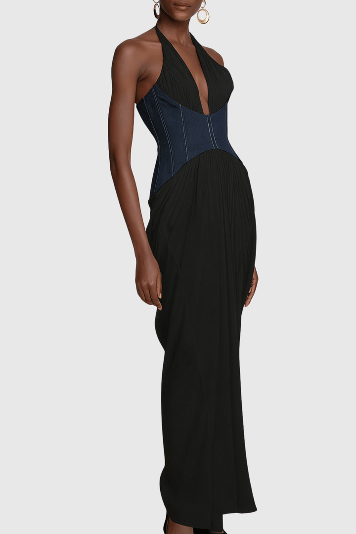 Daryle Halter Denim Corset Ruched Maxi Dress - Black