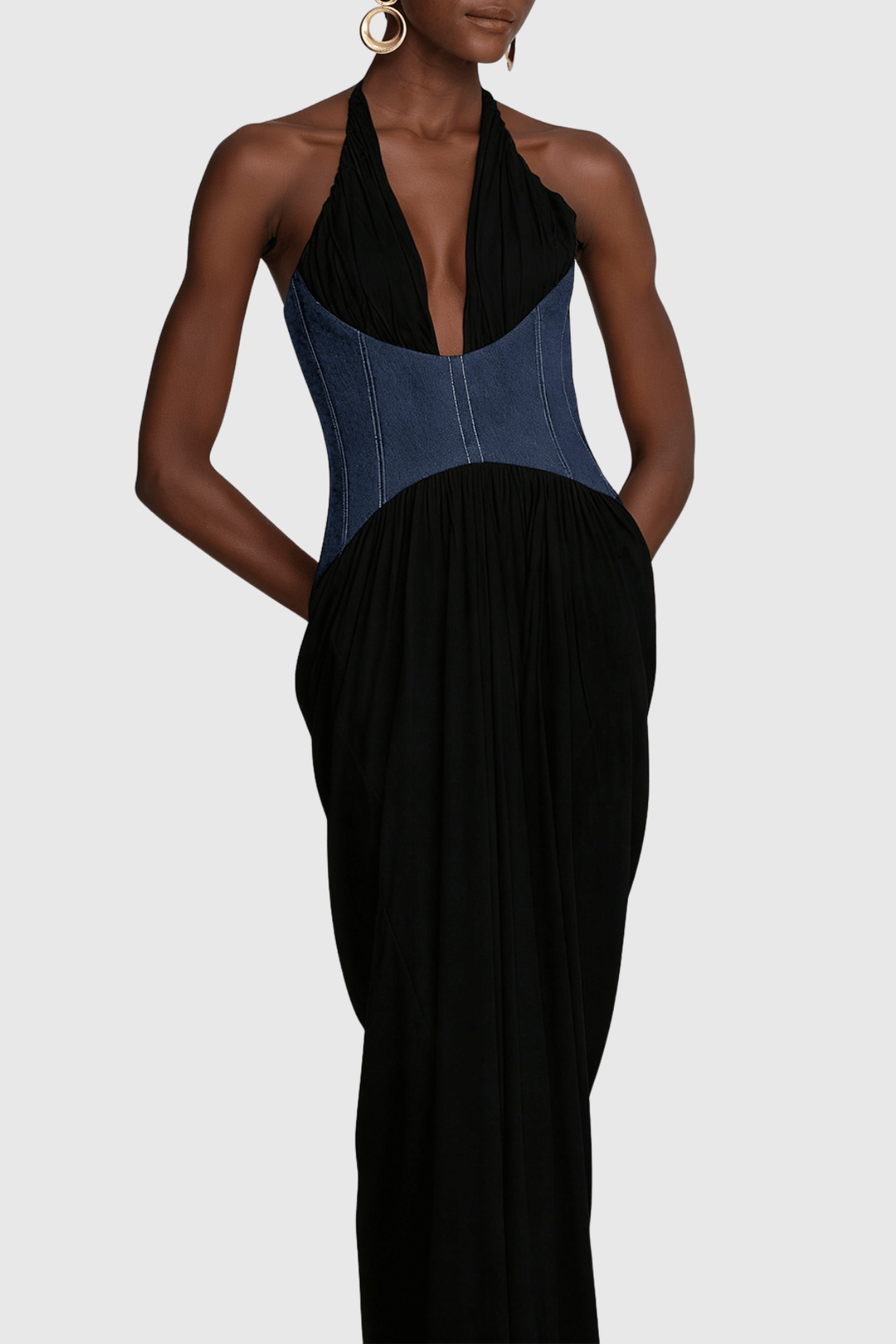 Daryle Halter Denim Corset Ruched Maxi Dress - Black