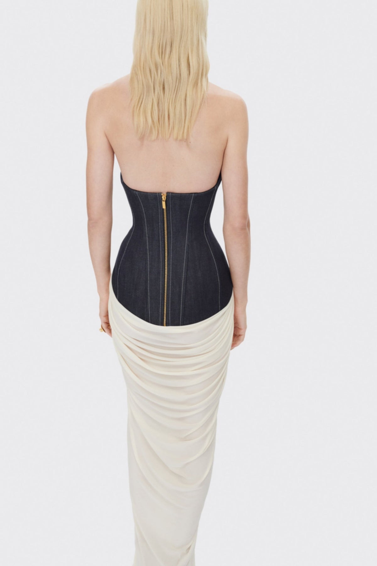 Daryle Halter Denim Corset Ruched Maxi Dress - White