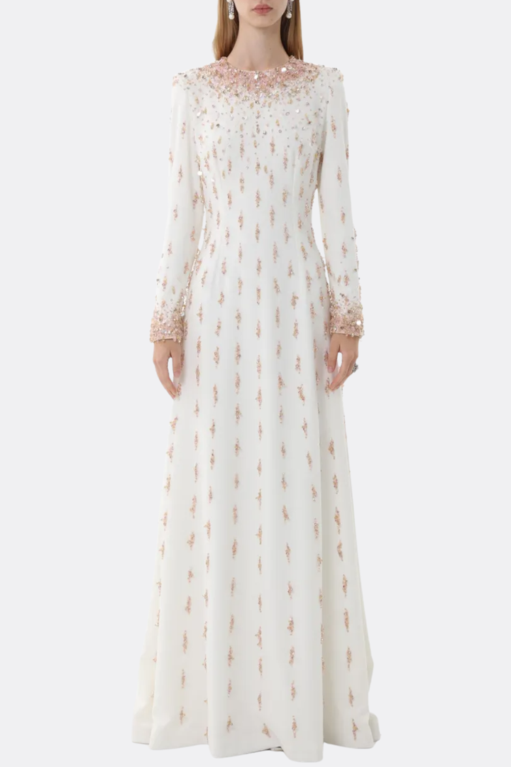 Daway Crystal Bead Embellished Maxi Dress - White