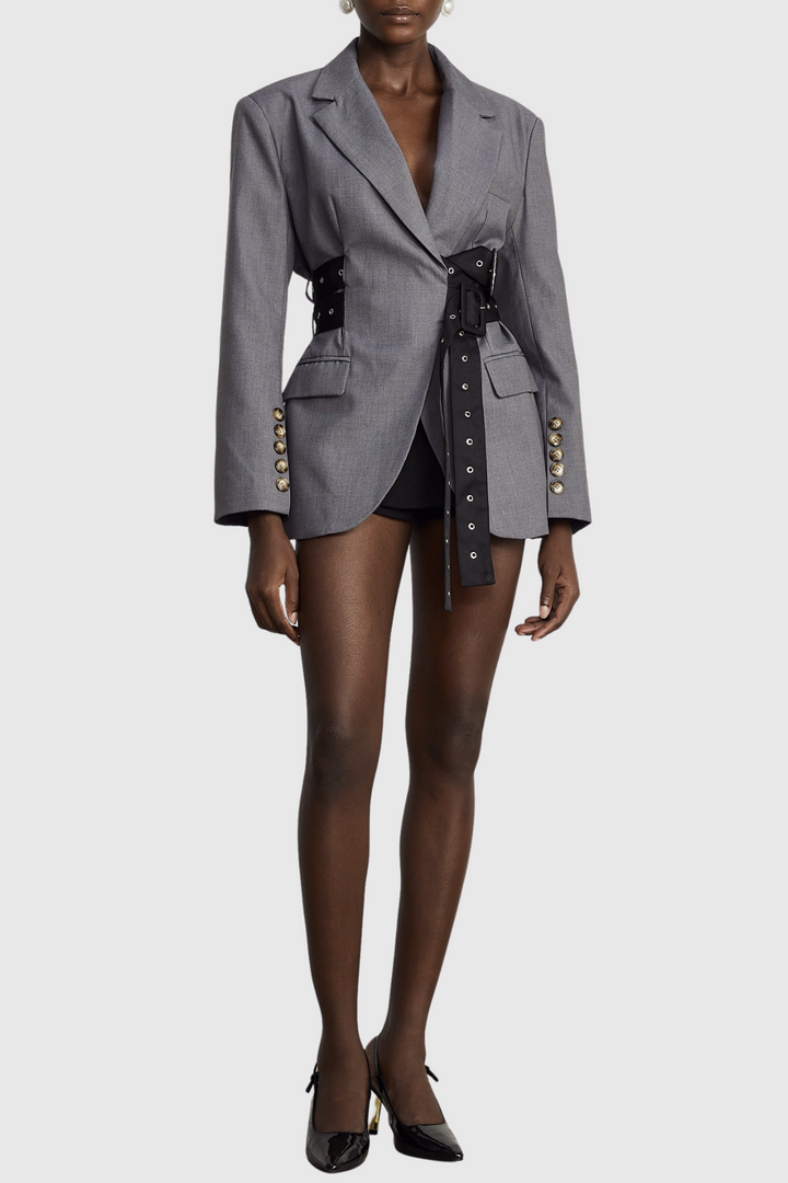 Eairein Belte Waist Blazer - Grey