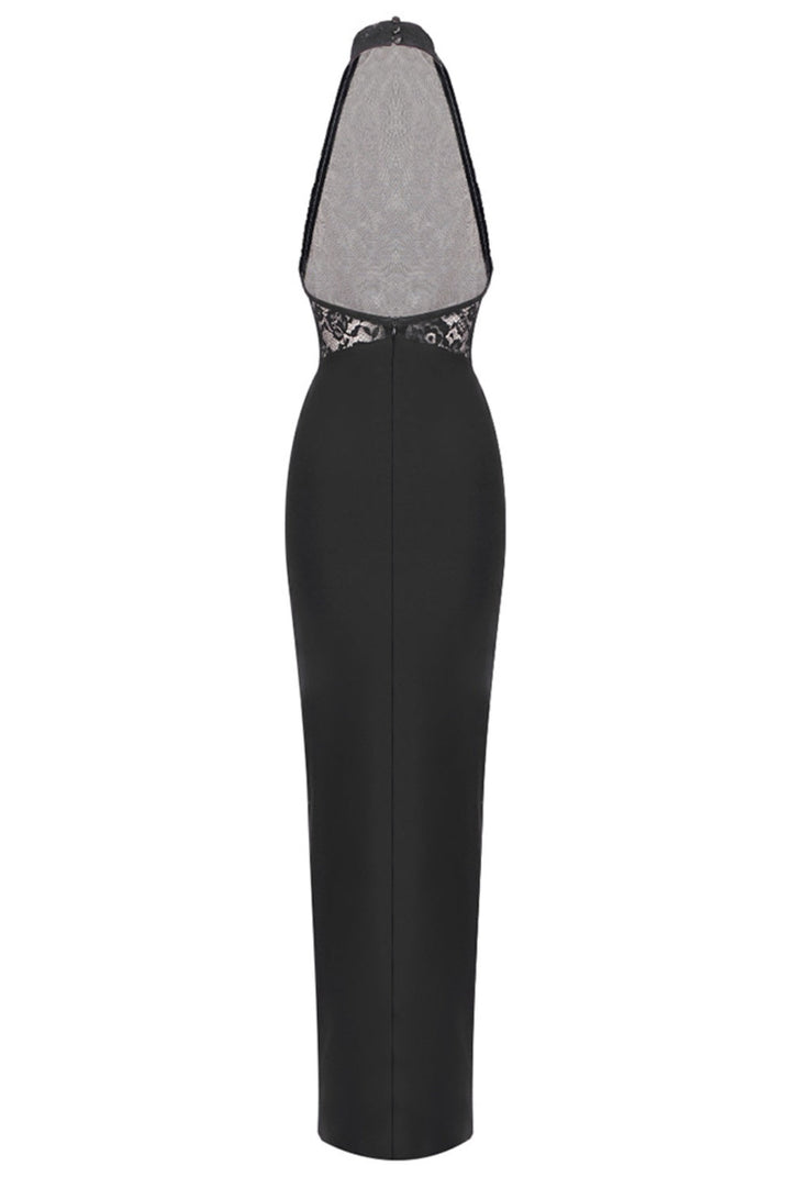 Eileen Halter Lace Ruched Maxi Dress - Black