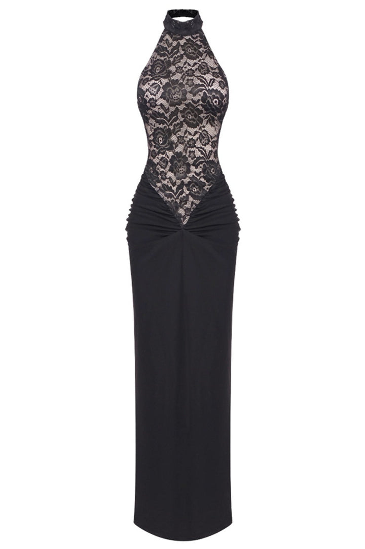 Eileen Halter Lace Ruched Maxi Dress - Black