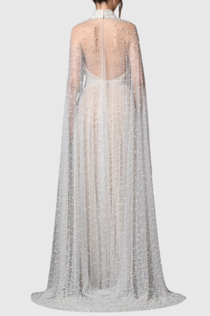 Falaia Pearl Embellished Tulle Cape Maxi Dress