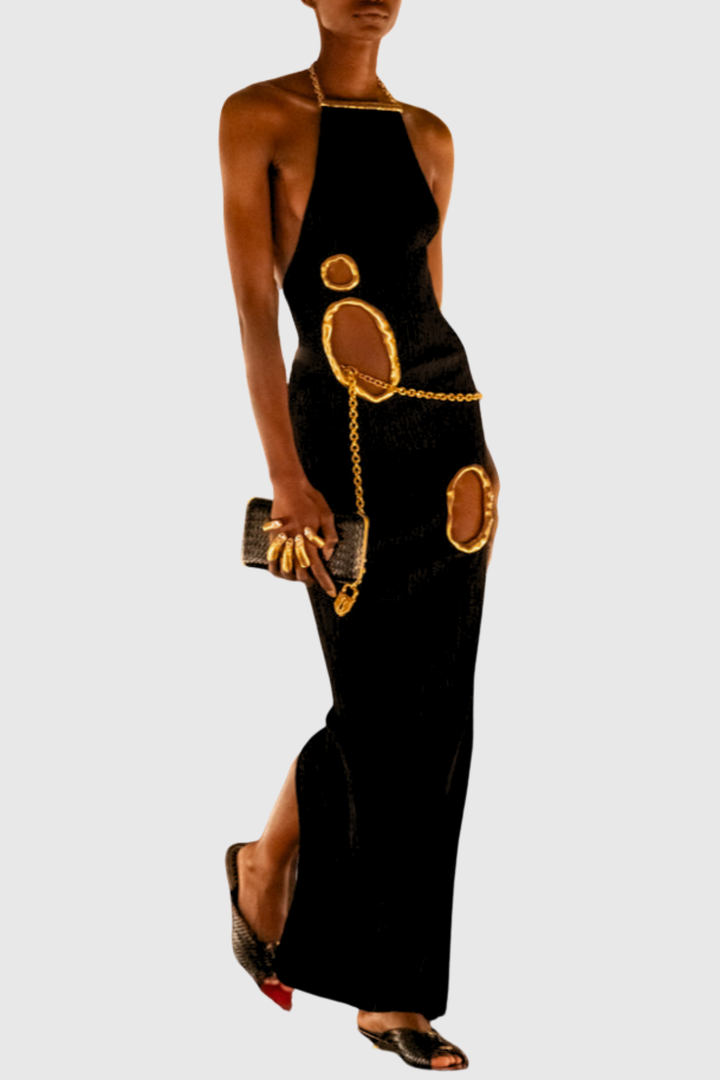 Forra Halter Metal Embellished Cutout Maxi Dress - Black