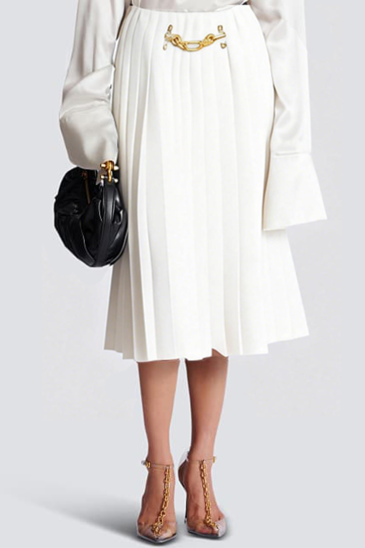 Foxea Chain Embellished Pleated Midi Skirt - White