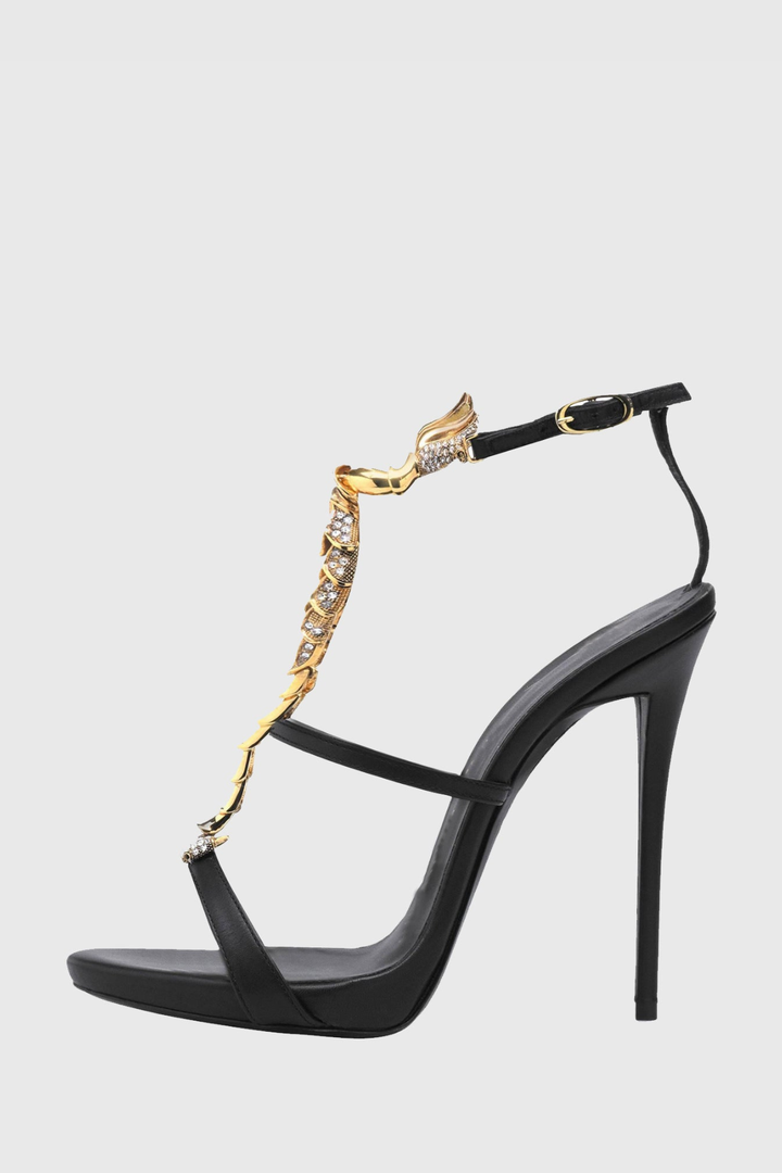 Gelia Rhinestone Scorpion Strap Sandals - Black