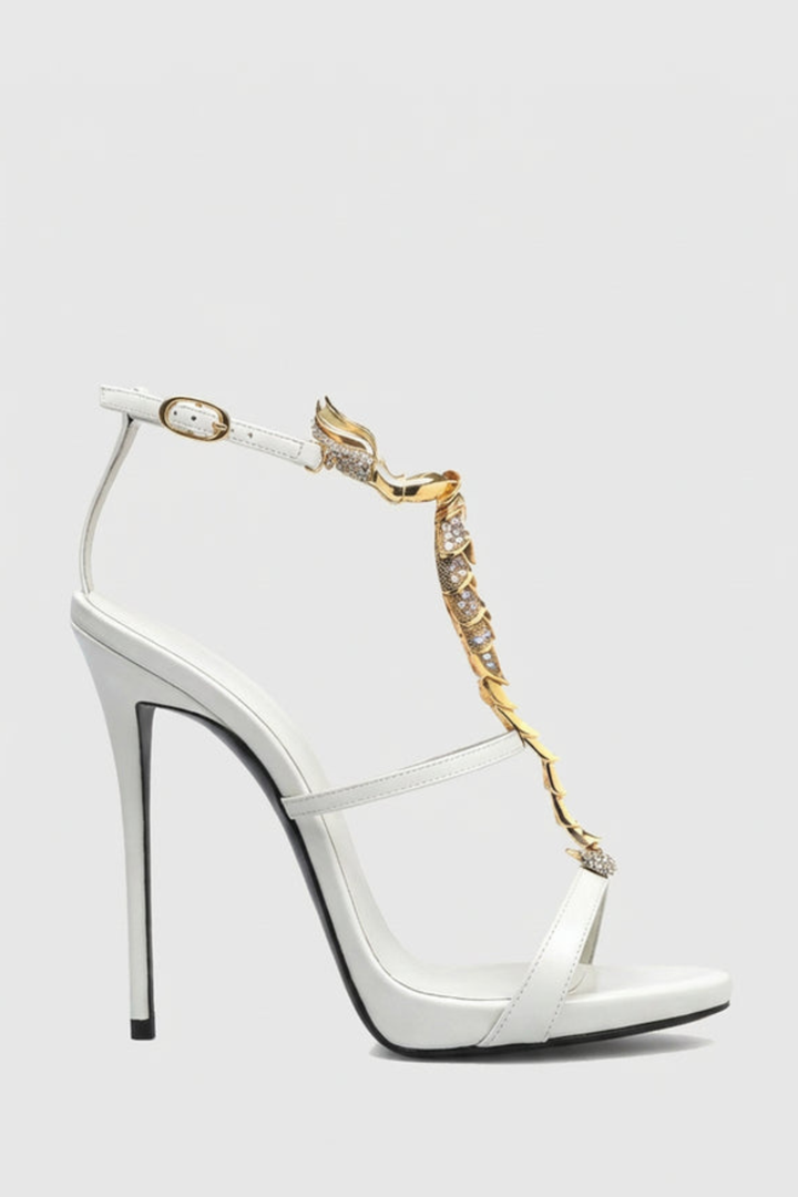Gelia Rhinestone Scorpion Strap Sandals - White