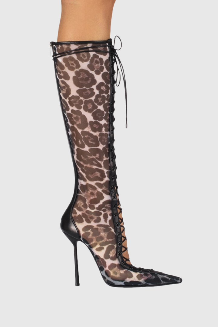 Gussie Lace Up Mesh Knee High Boots - Leopard