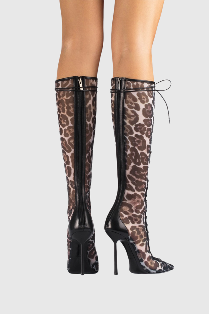 Gussie Lace Up Mesh Knee High Boots - Leopard