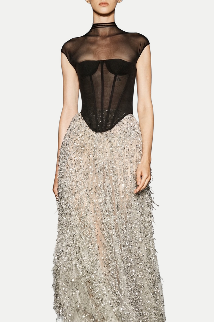 Guthrie Mesh Corset Fringe Sequin Dress Two Piece Set
