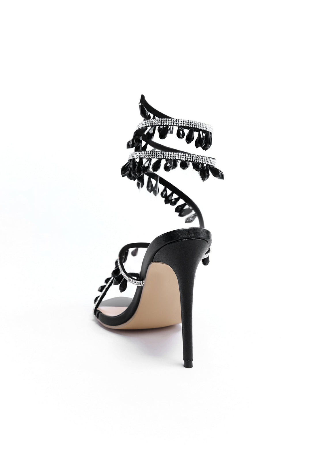 Haley Rhinestone Ankle-Wrap Stiletto Sandals
