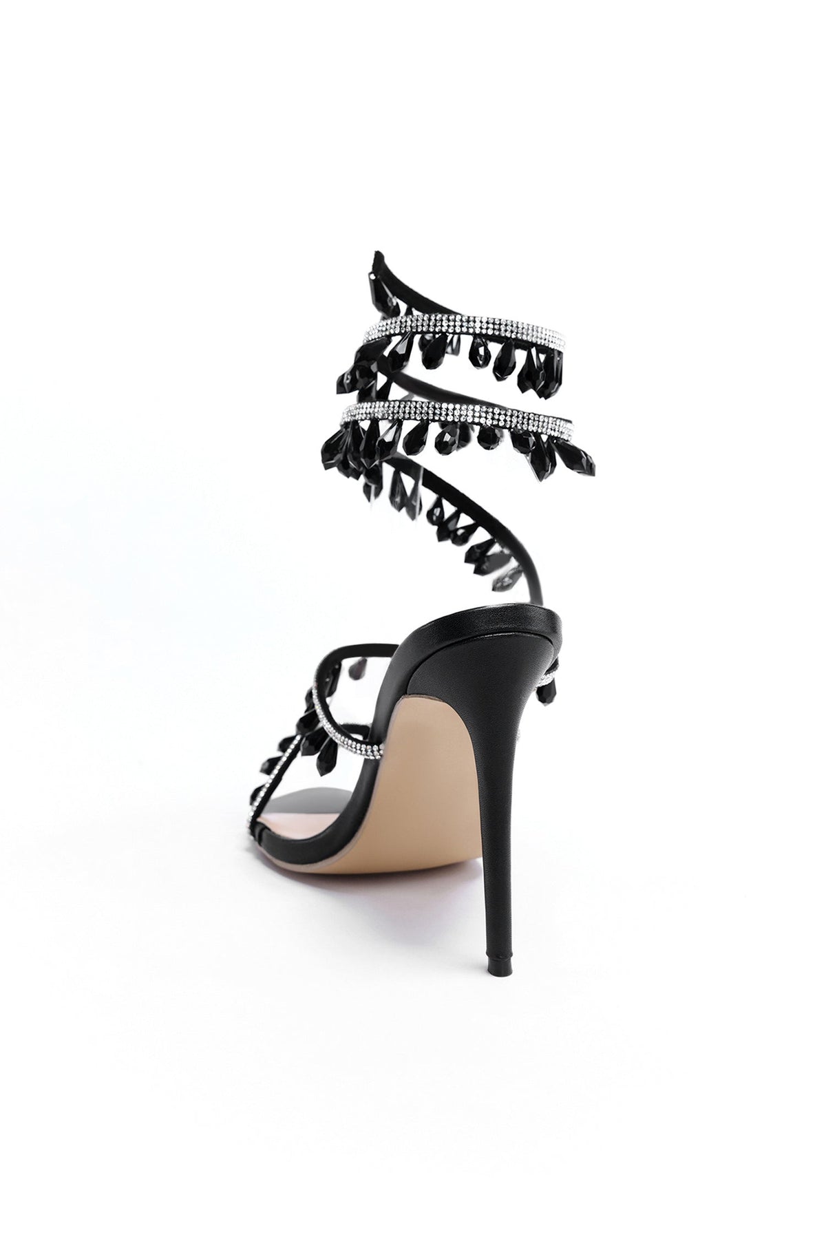 Haley Rhinestone Ankle-Wrap Stiletto Sandals