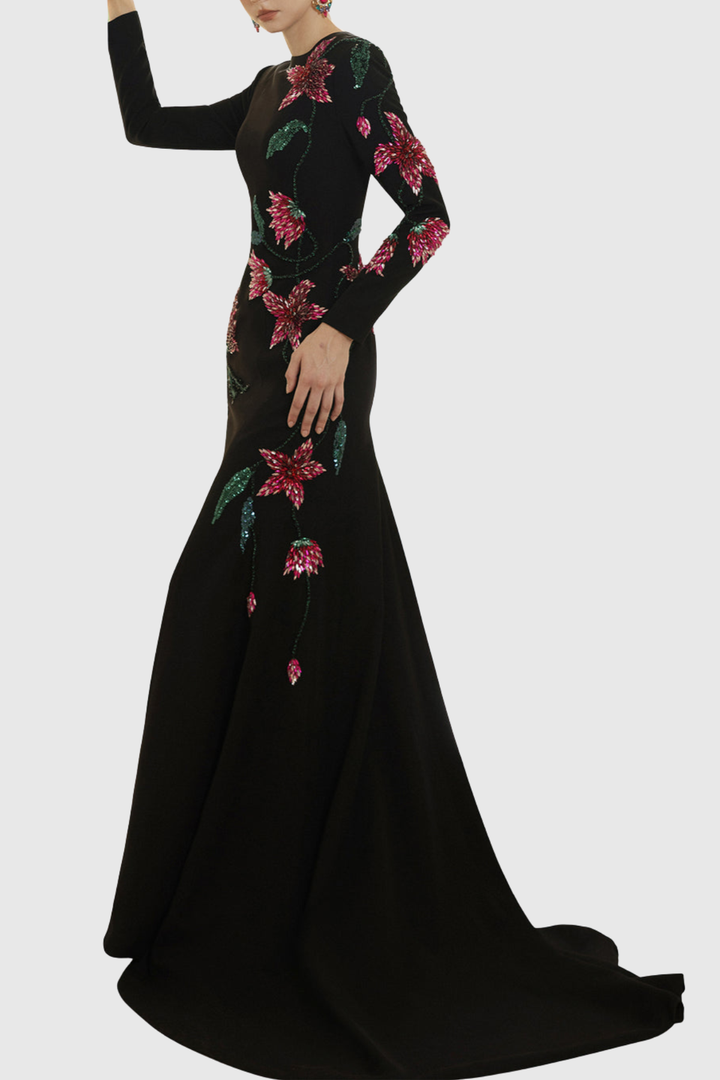Hamza Floral Crystal Embroidered Mermaid Maxi Dress