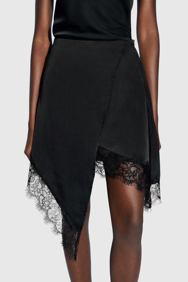 Hokuo Lace Trim Satin Mini Skirt