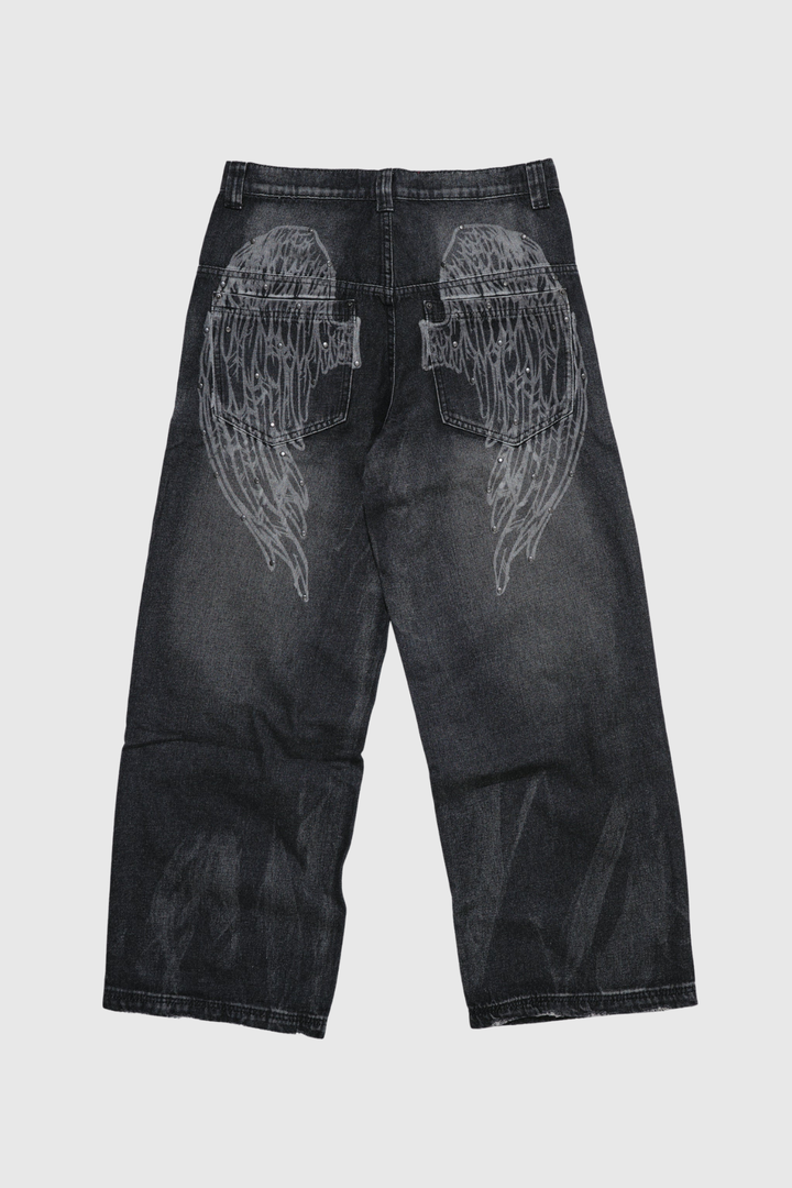 Idao Ethereal Wing Print Jeans - Black