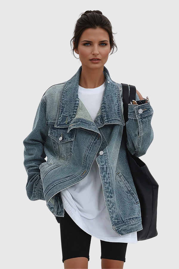 Ishia Asymmetric Deconstruct Denim Jacket - Blue