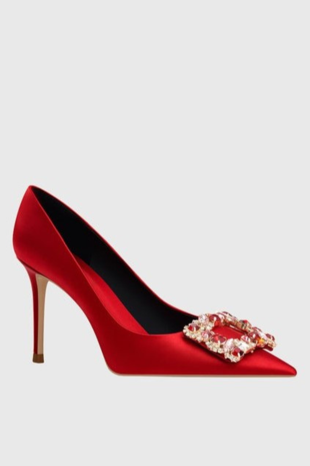 Jabez Rhinestone Buckle Satin Pumps - Red