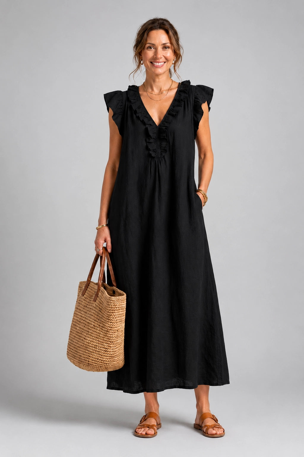 Josette | Ruffle V-Neck Linen Maxi Dress