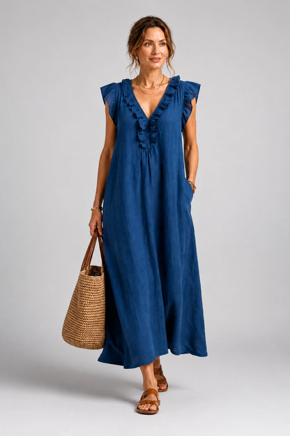 Josette | Ruffle V-Neck Linen Maxi Dress