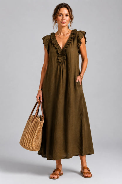 Josette | Ruffle V-Neck Linen Maxi Dress