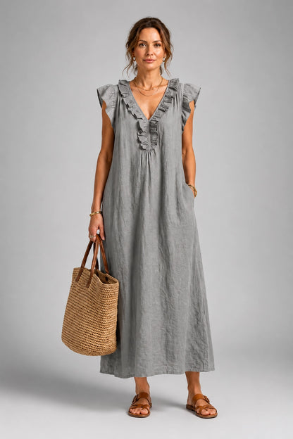 Josette | Ruffle V-Neck Linen Maxi Dress