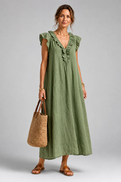 Josette | Ruffle V-Neck Linen Maxi Dress