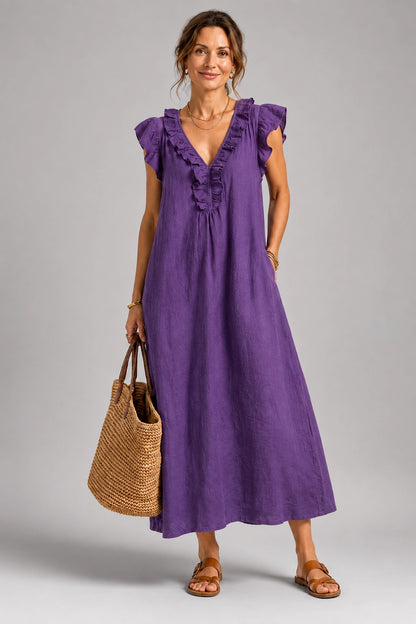 Josette | Ruffle V-Neck Linen Maxi Dress