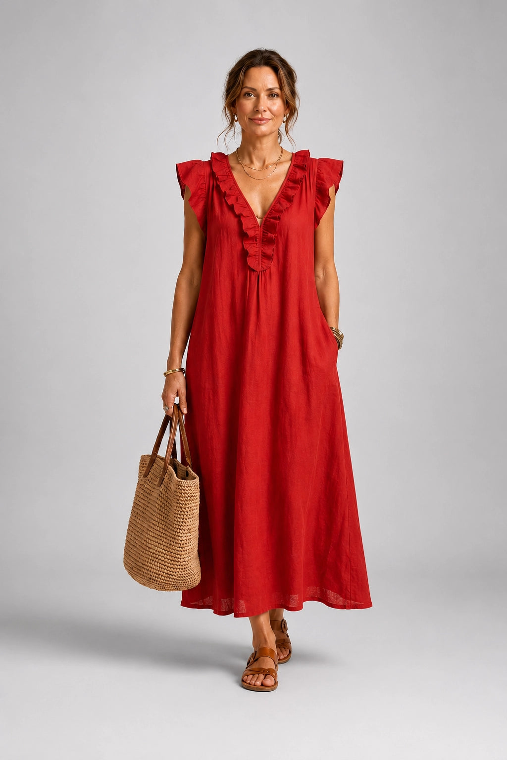 Josette | Ruffle V-Neck Linen Maxi Dress
