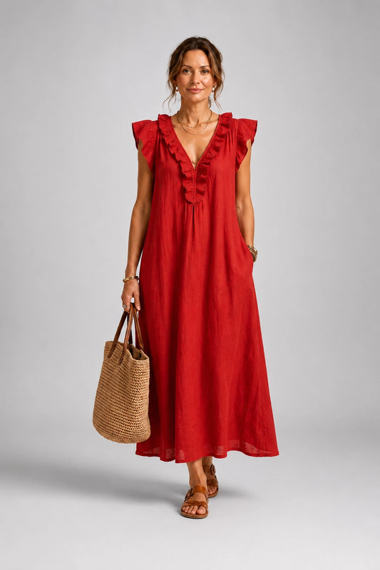 Josette | Ruffle V-Neck Linen Maxi Dress