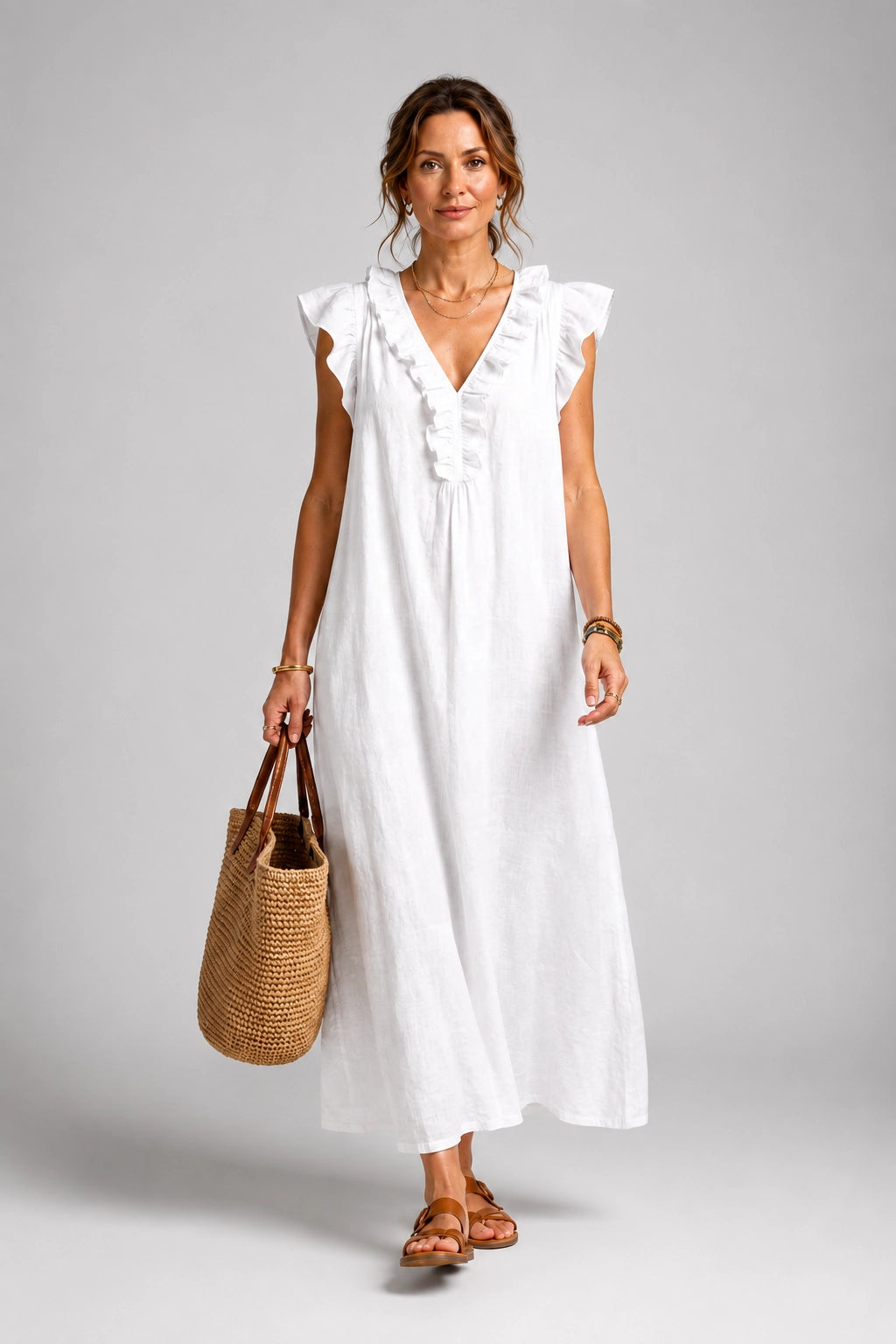 Josette | Ruffle V-Neck Linen Maxi Dress