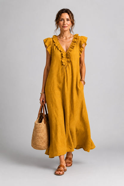 Josette | Ruffle V-Neck Linen Maxi Dress